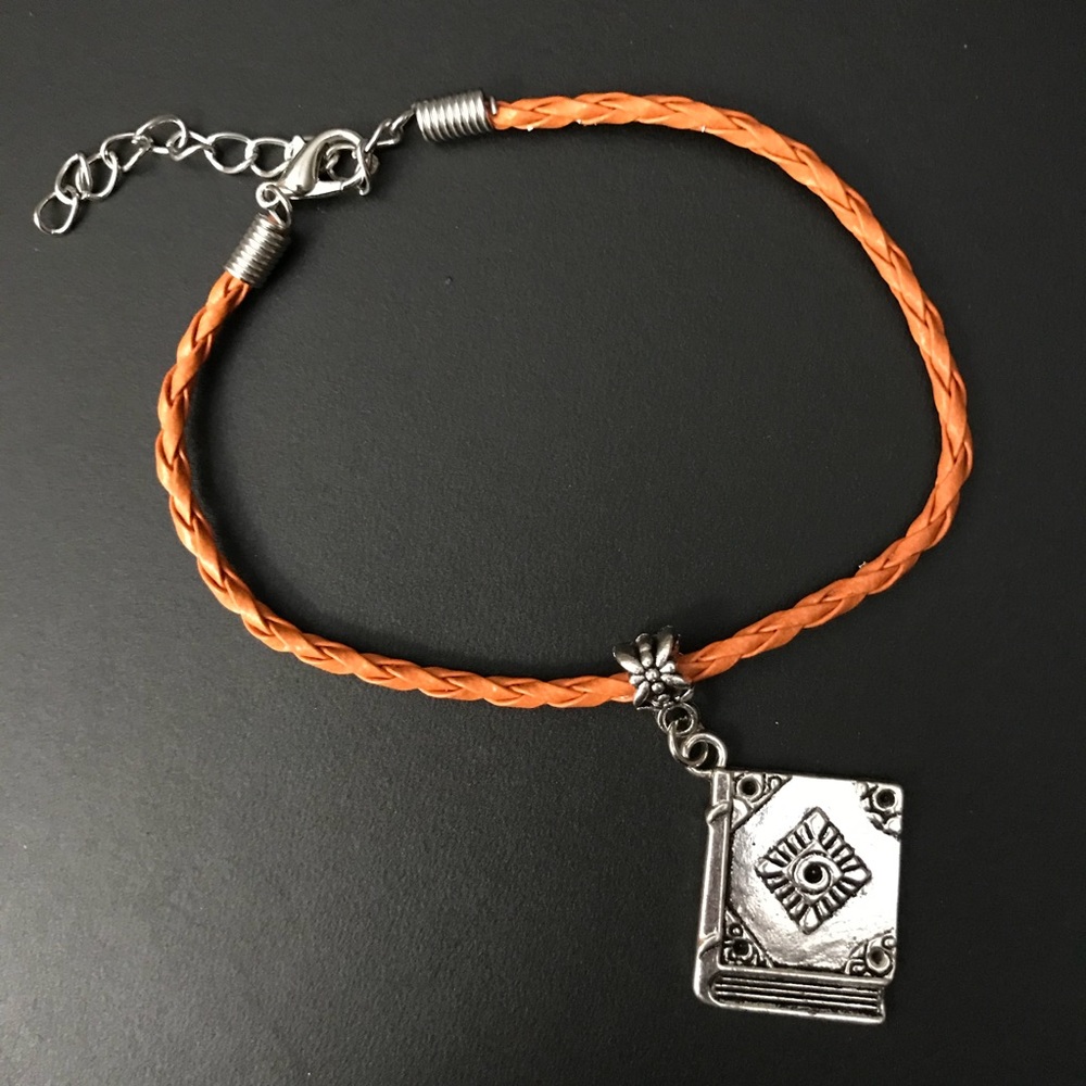 Orange Braided Leather Book Charm Bracelet